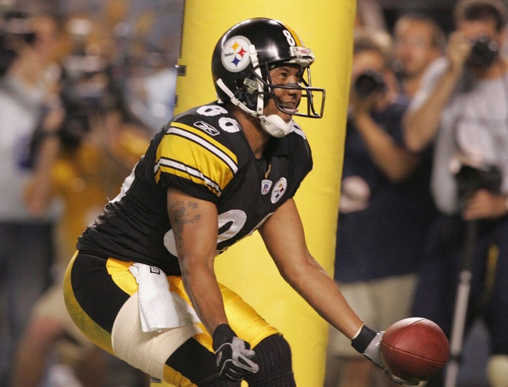 Sep 25, 2005; Pittsburgh, PA, USA; Pittsburgh Steelers #86 Hines Ward celebrates his fourth quarter touchdown against the New England Patriots at Heinz Field. Patriots beat the Steelers 23-20.
