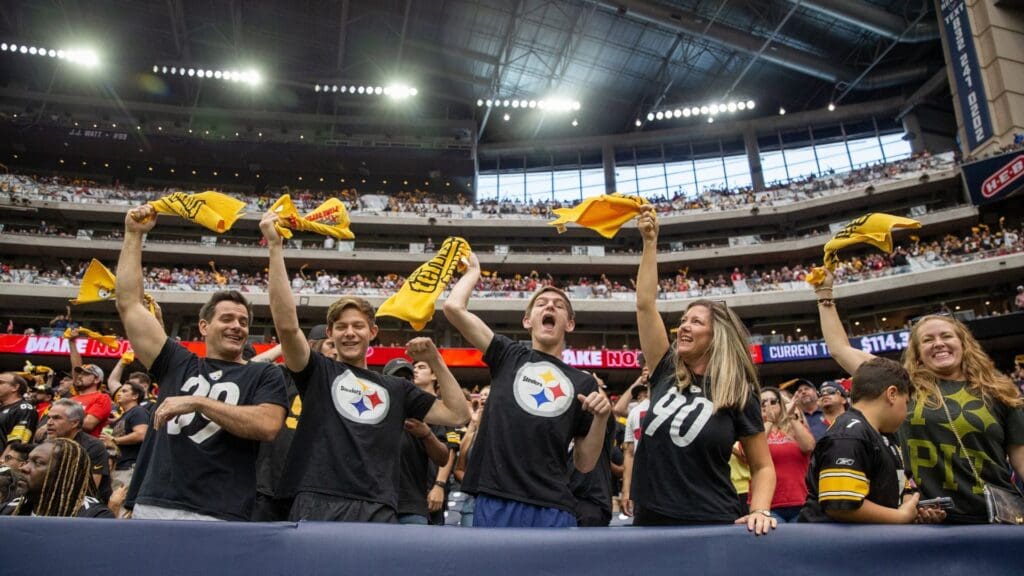 Oct 1, 2023; Houston, Texas, USA; Pittsburgh Steelers fans wave their terrible towels while the Steelers play against the Houston Texans in the third quarter at NRG Stadium.