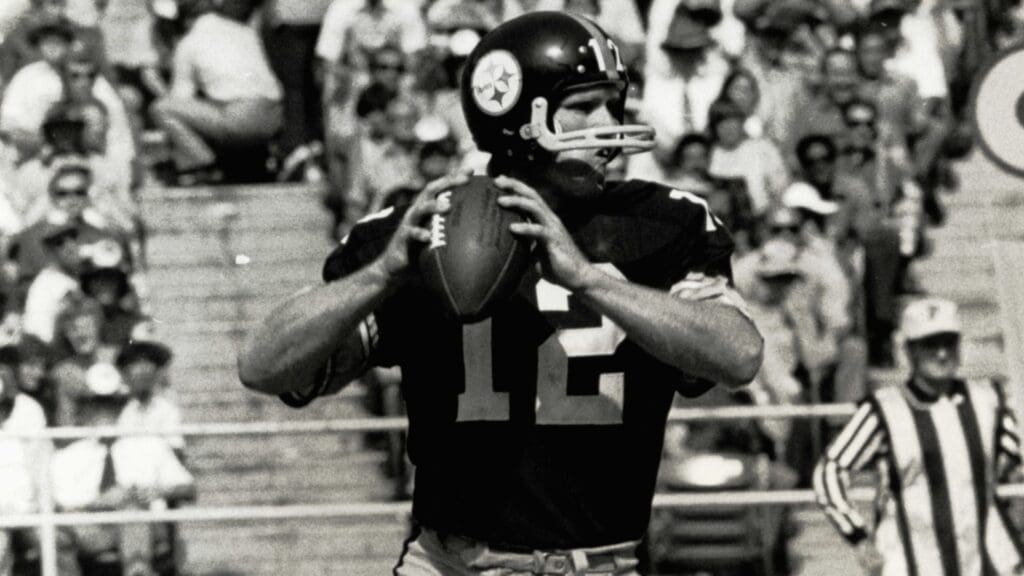 Sep 17, 1972; Pittsburgh, PA, USA; FILE PHOTO; Pittsburgh Steelers quarterback Terry Bradshaw (12) in action against the Oakland Raiders at Three Rivers Stadium. 