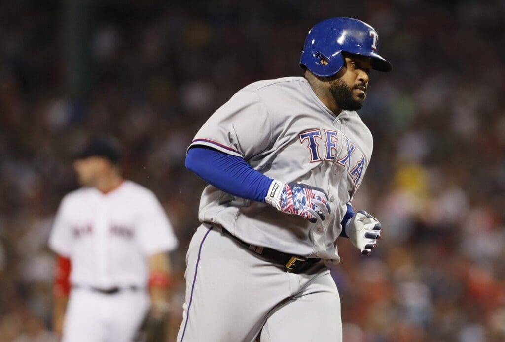 Jul 6, 2016; Boston, MA, USA; Texas Rangers designated hitter Prince Fielder (84) rounds the bases after his two run home run in the sixth inning against the Boston Red Sox at Fenway Park.
