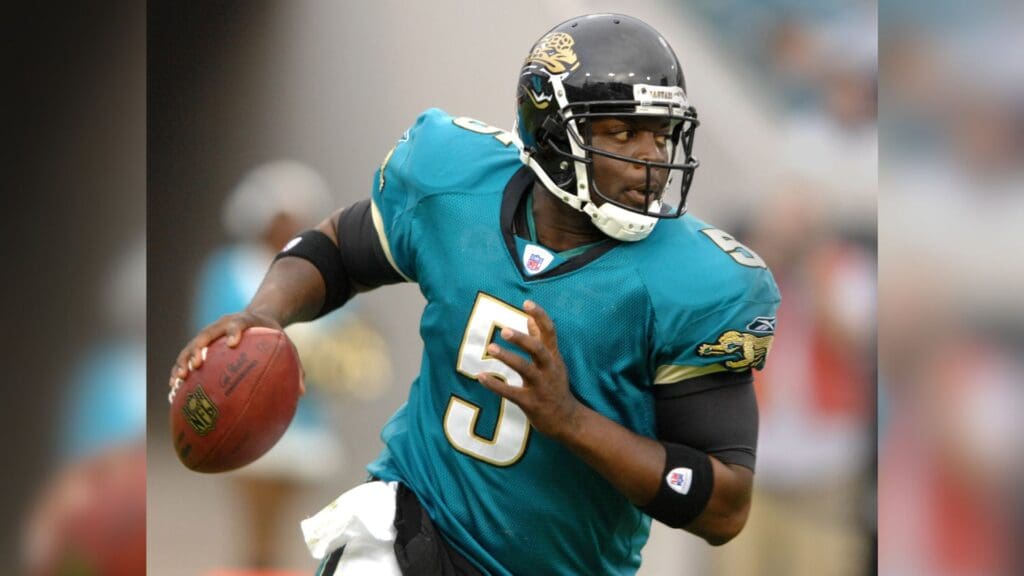 Dec 23, 2007; Jacksonville, FL, USA; Jacksonville Jaguars quarterback Quinn Gray (5) scrambles during 49-11 victory over the Oakland Raiders at Jacksonville Municipal Stadium.