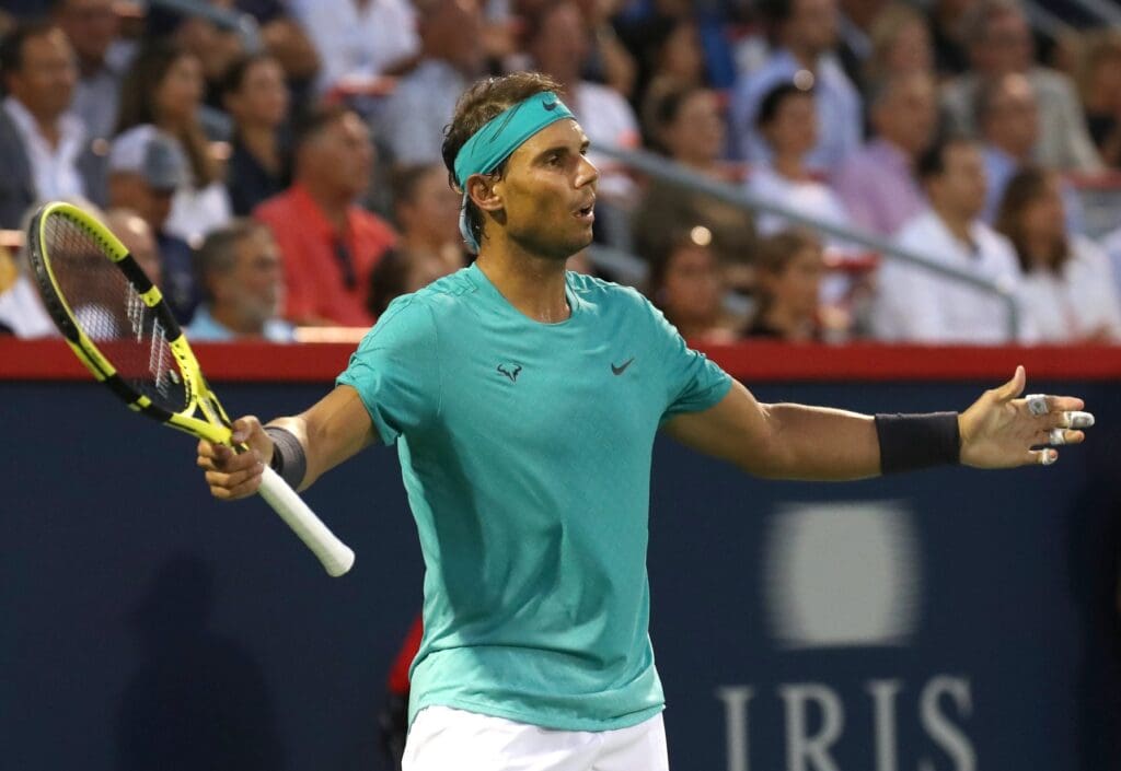 Aug 8, 2019; Montreal, Quebec, Canada; Rafael Nadal of Spain reacts in a match against Guido Pella of Greece (not pictured) during the Rogers Cup tennis tournament at Stade IGA.