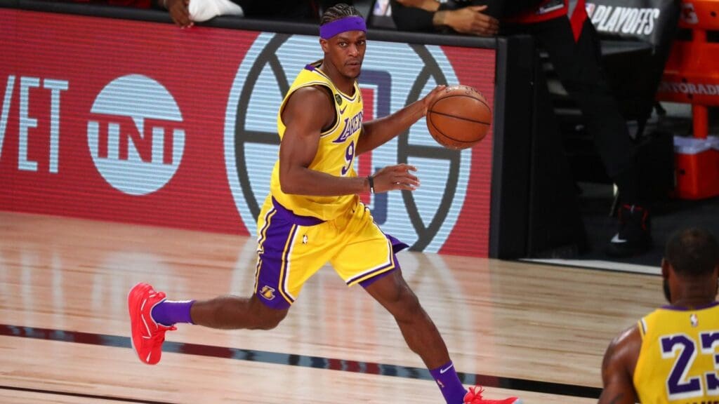 Sep 10, 2020; Lake Buena Vista, Florida, USA; Los Angeles Lakers guard Rajon Rondo (9) controls the ball against the Houston Rockets in the second half in game four of the second round of the 2020 NBA Playoffs at AdventHealth Arena.