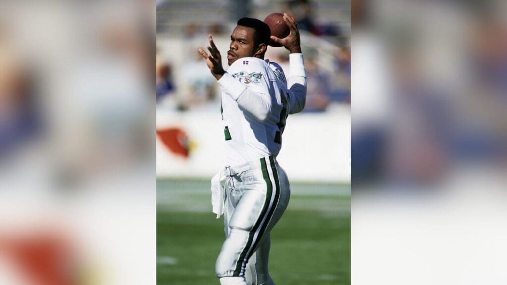 Nov 20, 1994; Tempe, AZ, USA; FILE PHOTO; Philadelphia Eagles quarterback Randall Cunningham (12) warms up on the field prior to a game against the Arizona Cardinals at Sun Devil Stadium.