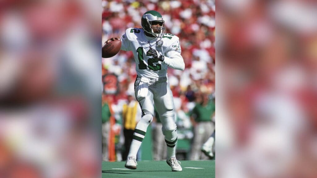 Oct 11, 1992; Kansas City, MO, USA; FILE PHOTO; Philadelphia Eagles quarterback Randall Cunningham (12) in action against the Kansas City Chiefs at Arrowhead Stadium.