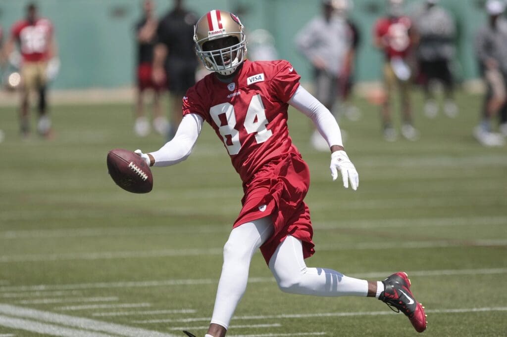 May 29, 2012; Santa Clara, CA, USA; San Francisco 49ers free agent wide receiver Randy Moss (84) during organized team activities at the San Francisco 49ers training facility.