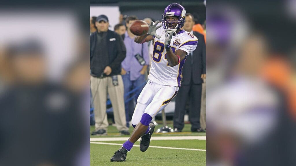 Oct 11, 2010; East Rutherford, NJ, USA; Minnesota Vikings wide receiver Randy Moss (84) catches a pass during the pre-game warmup before their game against the New York Jets at the New Meadowlands Stadium.