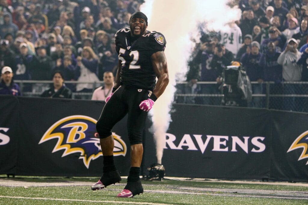 October 2, 2011; Baltimore, MD, USA; Baltimore Ravens linebacker Ray Lewis (52) entertains fans prior to the game against the New York Jets at M&T Bank Stadium. The Ravens beat the Jets 34-17.