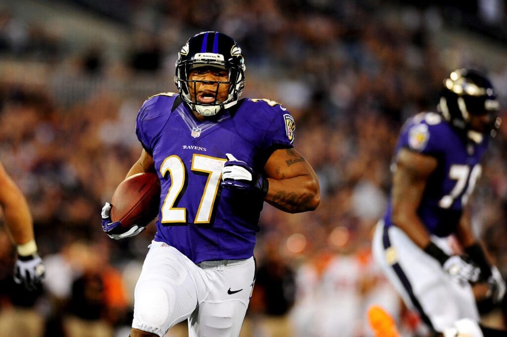 September 10, 2012; Baltimore, MD, USA; Baltimore Ravens running back Ray Rice (27) scores a touchdown in the first quarter against the Cincinnati Bengals at M&T Bank Stadium.