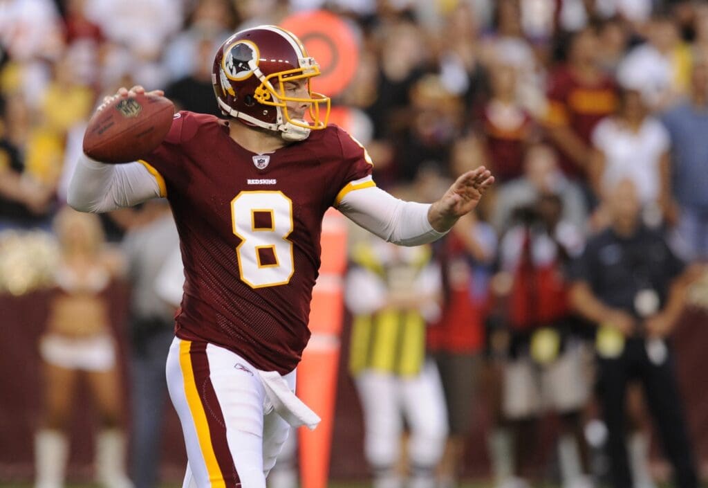 Aug 12, 2011; Landover, MD, USA; Washington Redskins quarterback Rex Grossman (8) attempts a pass during the first half at FedEx Field.