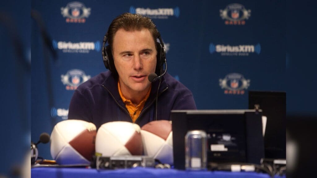 Jan 29, 2014; New York, NY, USA; NFL former quarterback Rich Gannon speaks on Sirius XM on radio row in preparation for Super Bowl XLVIII at the Sheraton Times Square.