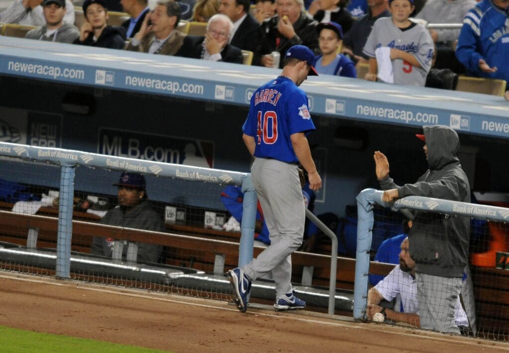 Oct. 4, 2008; Los Angeles, CA, USA; Chicago Cubs starting pitcher Rich Harden (40) allowed three runs before being pulled in the fifth inning against the Los Angeles Dodgers during the National League Division Series at Dodger Stadium.