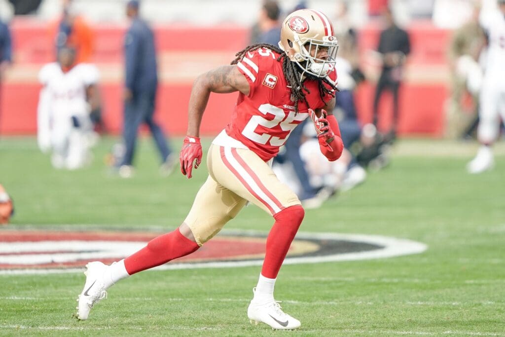 Dec 9, 2018; Santa Clara, CA, USA; San Francisco 49ers cornerback Richard Sherman (25) warms up before the game against the Denver Broncos at Levi's Stadium.