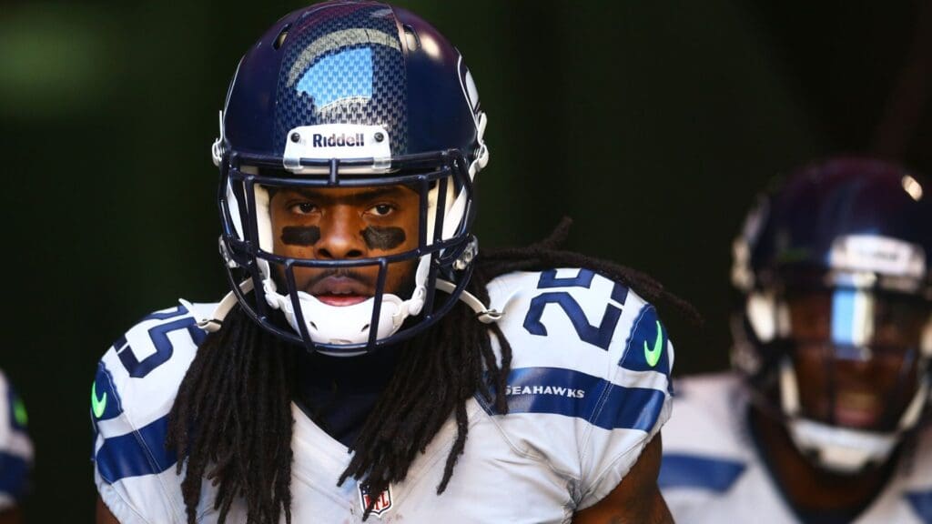 Oct 17, 2013; Phoenix, AZ, USA; Seattle Seahawks cornerback Richard Sherman prior to the game against the Arizona Cardinals at University of Phoenix Stadium.