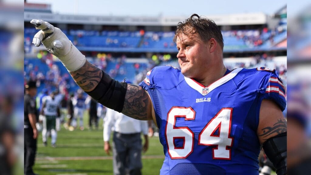 Sep 10, 2017; Orchard Park, NY, USA; Buffalo Bills offensive guard Richie Incognito (64) points to the fans following the game against the New York Jets at New Era Field.