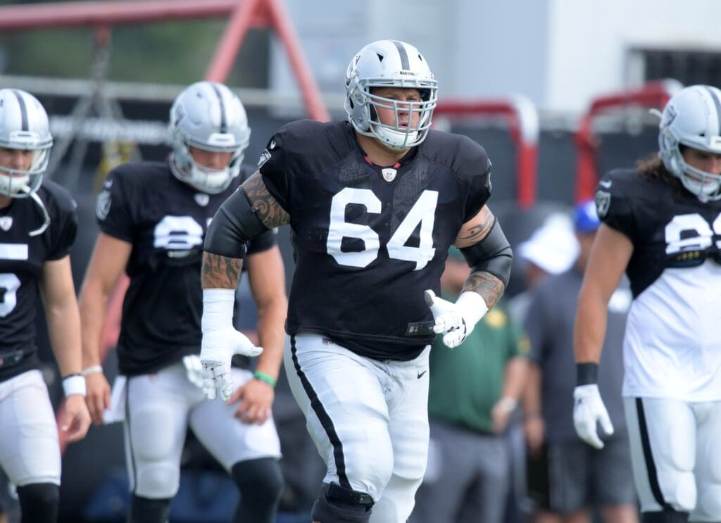 Aug 7, 2019; Napa, CA, USA; Oakland Raiders center Richie Incognito (64) during a training camp joint practice against the Los Angeles Rams at Napa Valley Marriott.