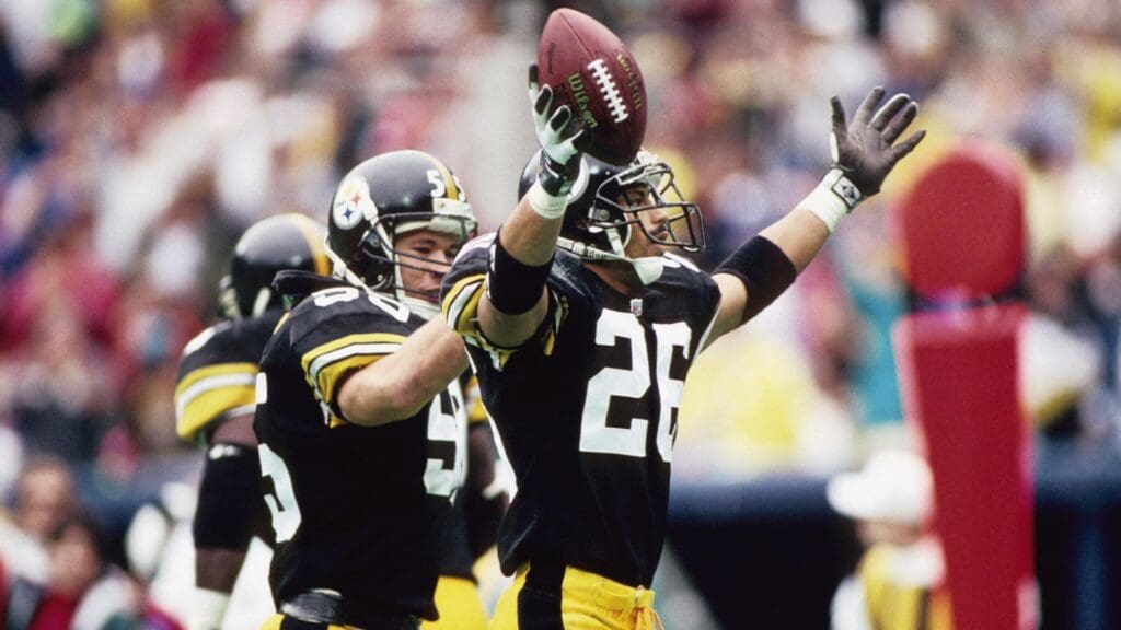 Unknown date; Pittsburgh, PA, USA; FILE PHOTO; Pittsburgh Steelers defensive back Rod Woodson (26) celebrates an interception at Three Rivers Stadium
