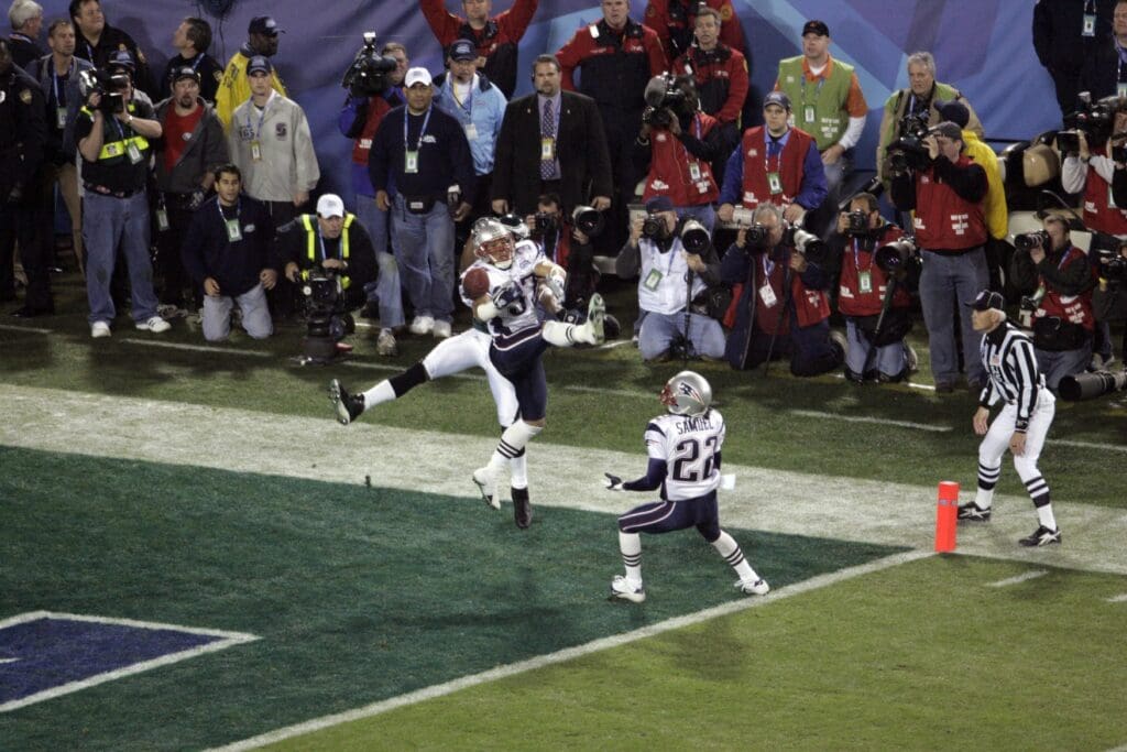 Feb 06, 2005; Jacksonville, FL, USA; New England Patriots safety #37 Rodney Harrison breaks up a pass during Super Bowl XXXIX against the Philadelphia Eagles at Alltel Stadium.
