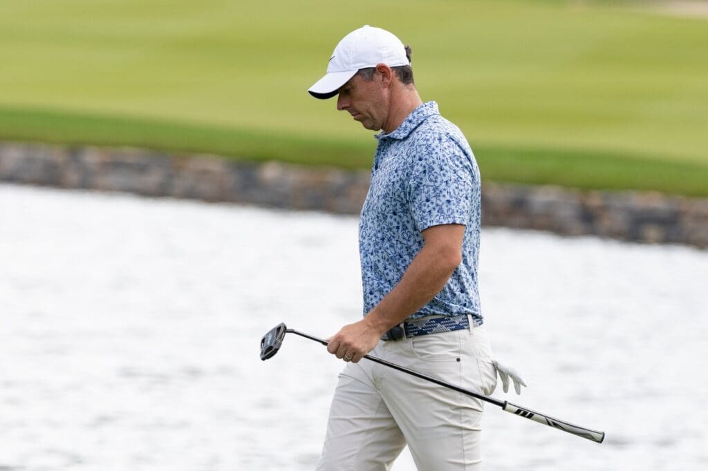 Jun 21, 2025; Cromwell, Connecticut, USA; Rory McIlroy walks up the on the 17th hole during the third round of the Travelers Championship golf tournament.