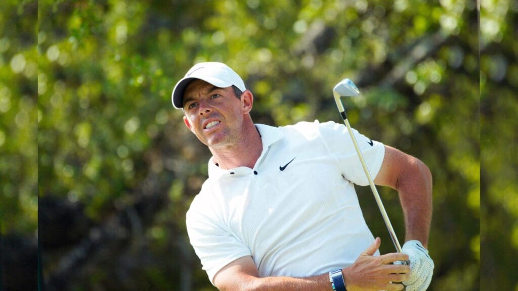 Mar 26, 2023; Austin, Texas, USA; Rory McIlroy tees off in the consolation final during the final day of the World Golf Championships-Dell Technologies Match Play golf tournament.