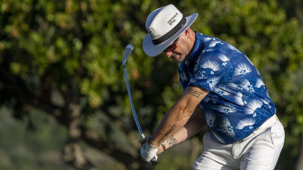 January 13, 2023; Honolulu, Hawaii, USA; Rory Sabbatini hits his tee shot on the 11th hole during the second round of the Sony Open in Hawaii golf tournament at Waialae Country Club.