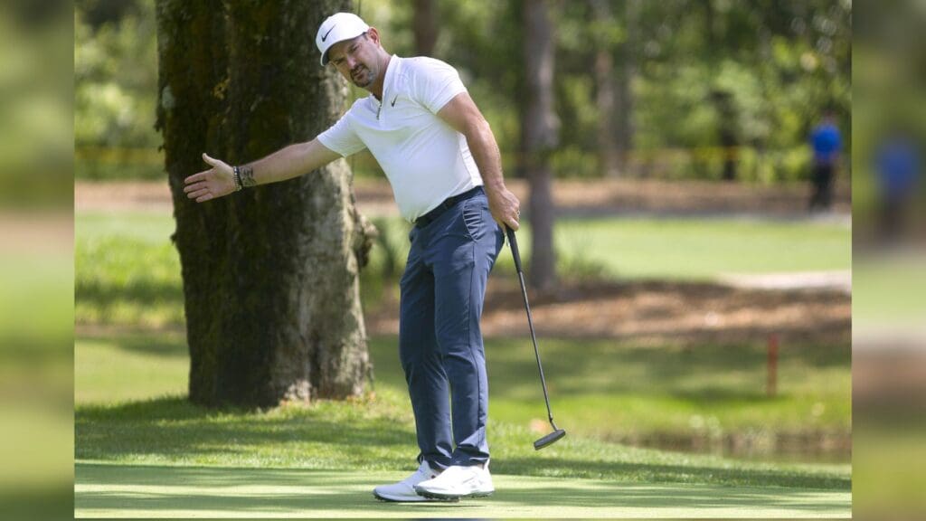Apr 13, 2018; Hilton Head, SC, USA; Rory Sabbatini reacts after putting on the 7th hole during the second round of the RBC Heritage golf tournament at Harbour Town Golf Links.