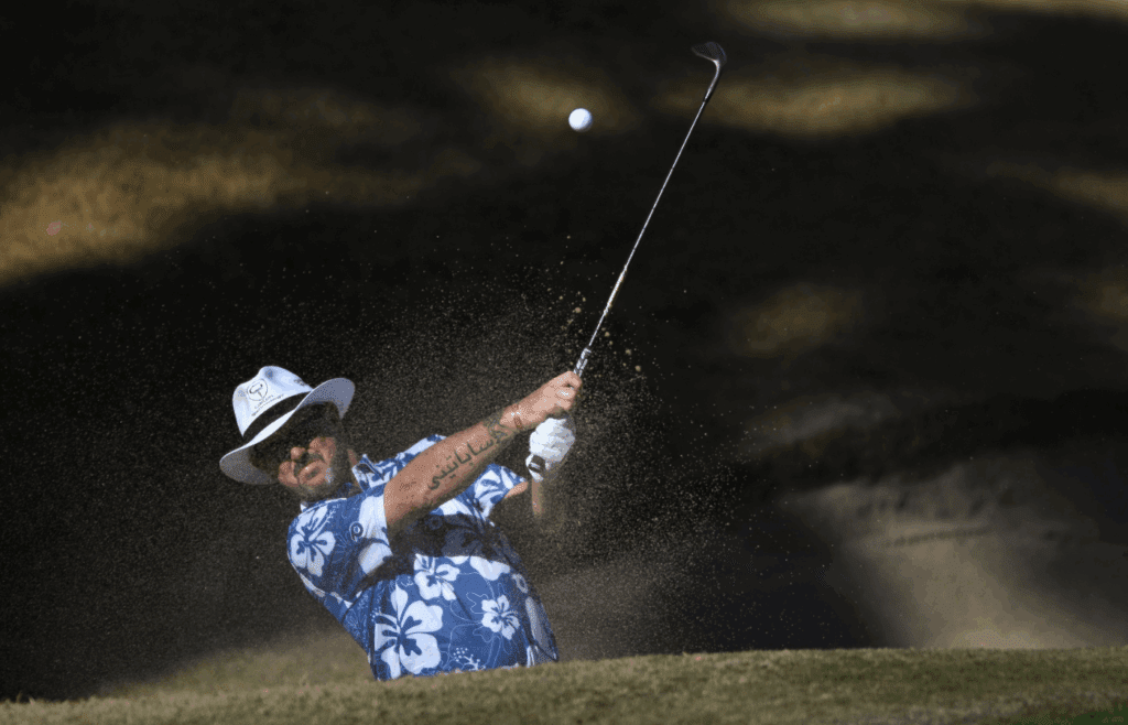 Jan 21, 2023; La Quinta, California, USA; Rory Sabbatini plays a shot from a bunker on the seventh hole during the third round of The American Express golf tournament at Pete Dye Stadium Course.