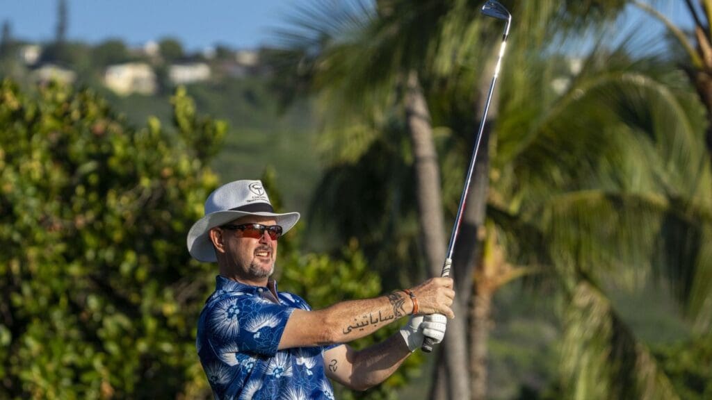January 13, 2023; Honolulu, Hawaii, USA; Rory Sabbatini hits his tee shot on the 11th hole during the second round of the Sony Open in Hawaii golf tournament at Waialae Country Club.