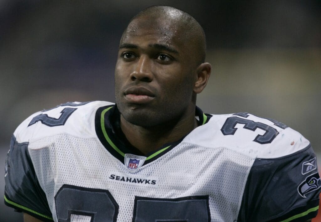 Nov 14, 2004; St. Louis, MO, USA; Running back Shaun Alexander #37 of the Seattle Seahawks watches his team loose to the St. Louis Rams at the Edward Jones Dome. The Rams beat the Seahawks 23-12.