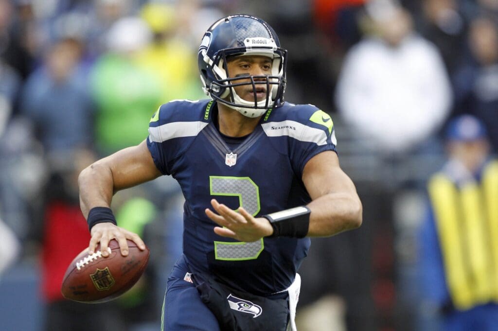 Dec 30, 2012, Seattle, WA, USA; Seattle Seahawks quarterback Russell Wilson (3) looks to pass against the St. Louis Rams during the first quarter at CenturyLink Field