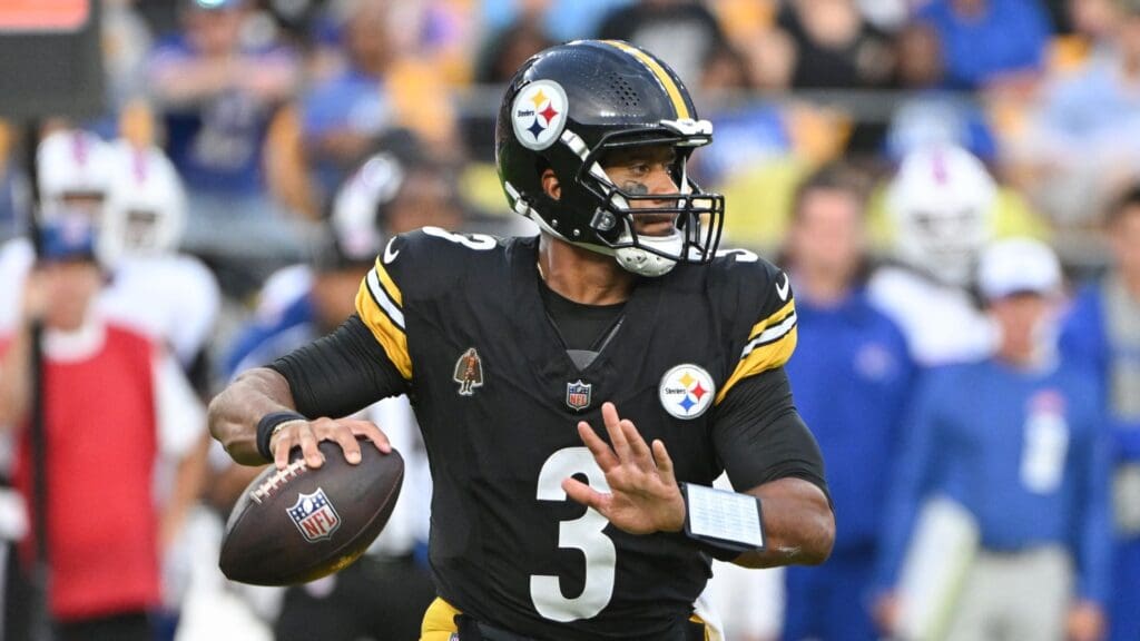 Aug 17, 2024; Pittsburgh, Pennsylvania, USA; Pittsburgh Steelers quarterback Russell Wilson (3) looks to pass against the Buffalo Bills during the first quarter at Acrisure Stadium.