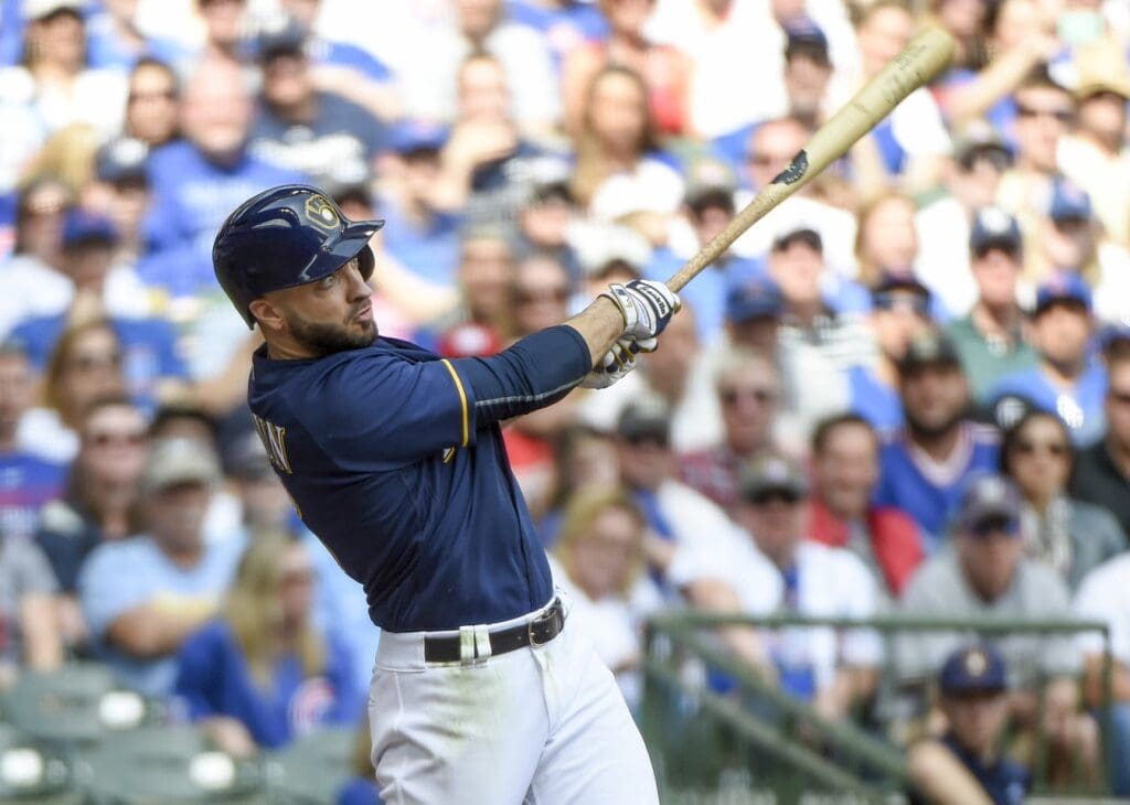 Apr 9, 2017; Milwaukee, WI, USA; Milwaukee Brewers left fielder Ryan Braun (8) hits a three run homer in the third inning during the game against the Chicago Cubs at Miller Park.