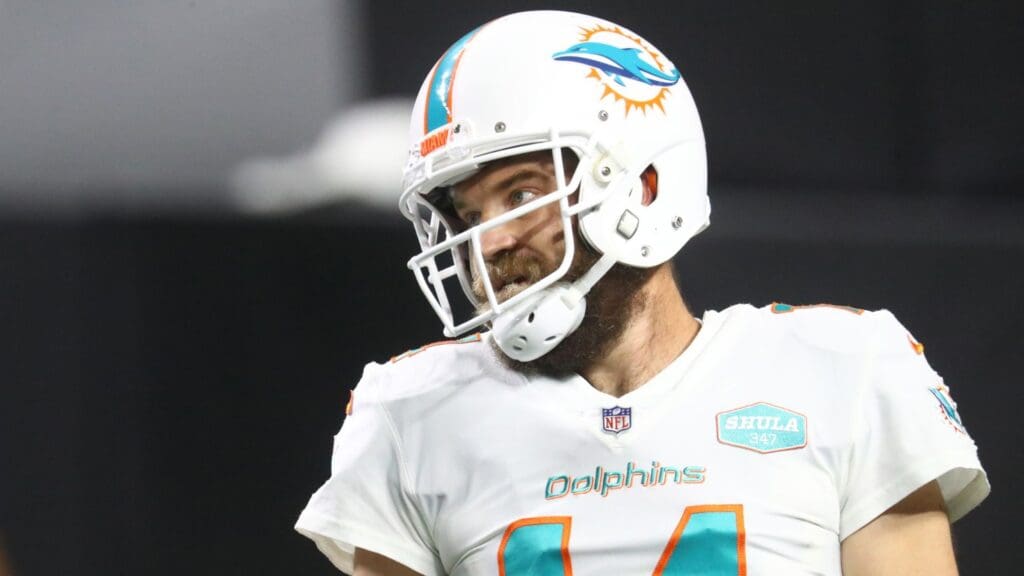 Dec 26, 2020; Paradise, Nevada, USA; Miami Dolphins quarterback Ryan Fitzpatrick (14) against the Las Vegas Raiders at Allegiant Stadium.