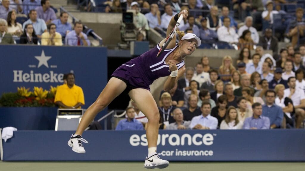 Sept. 7, 2010; Flushing, NY, USA; Sam Stosur (AUS) serves the ball on day ninth of the 2010 US Open against Kim Clijsters (BEL), not pictured, at Billie Jean King National Tennis Center.