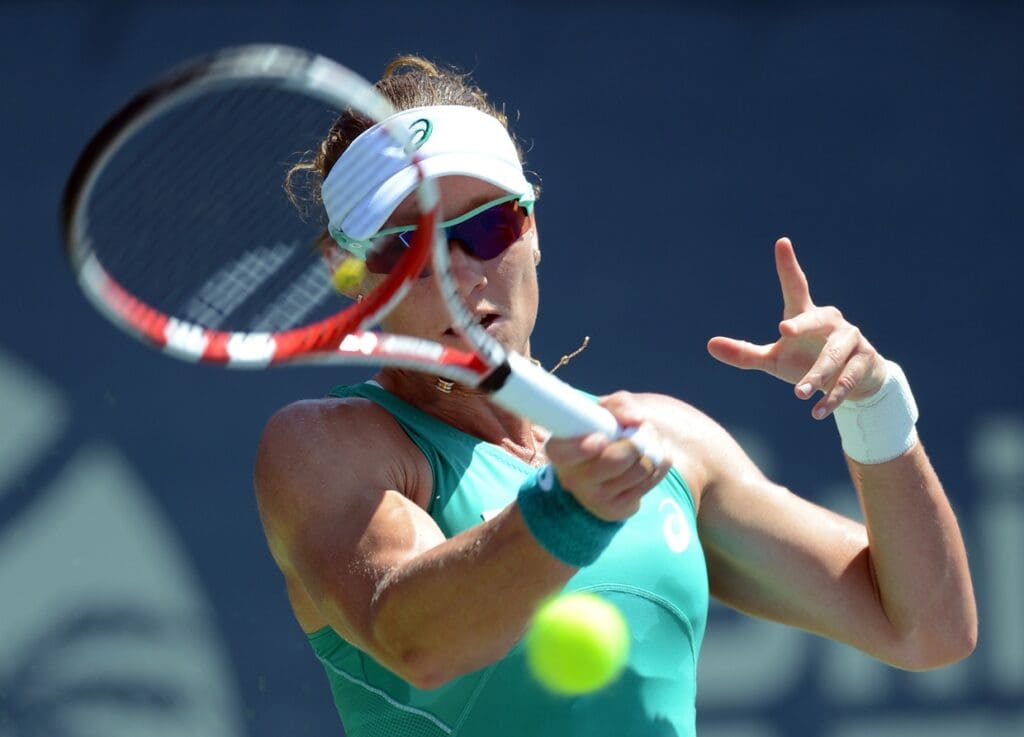 Aug 4, 2013; Carlsbad, CA, USA; Samantha Stosur (AUS) during the final match against Victoria Azarenka (BLR) in the Southern California Open at La Costa Resort and Spa. Stosur won 6-2, 6-3