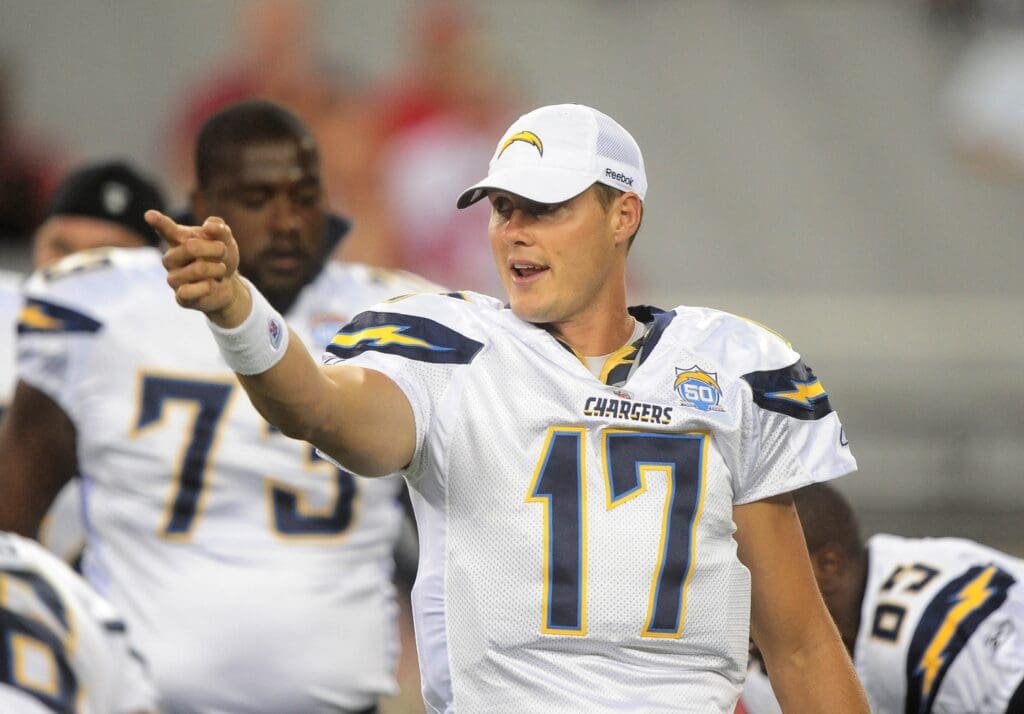 Aug. 22, 2009; Glendale, AZ, USA; San Diego Chargers quarterback Philip Rivers against the Arizona Cardinals during a preseason game at University of Phoenix Stadium.
