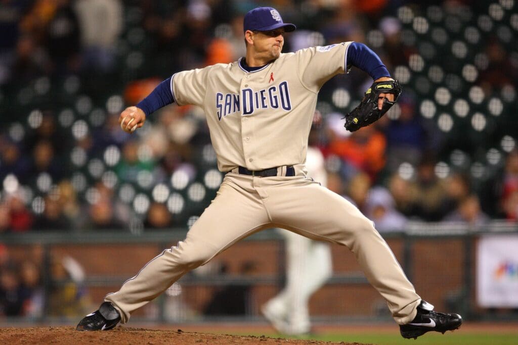 May 30, 2008; San Francisco, CA, USA; San Diego Padres pitcher Trevor Hoffman (51) pitches against the San Francisco Giants during the 13th inning at AT&T Park in San Francisco, CA. The Padres defeated the Giants 7-3 in 13 innings.