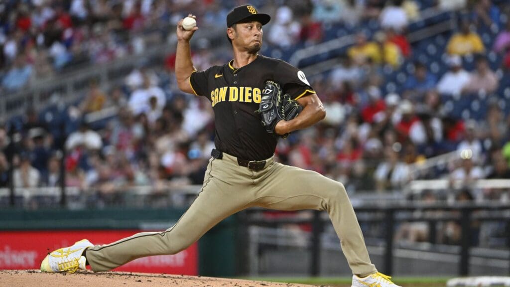 Jul 19, 2025; Washington, District of Columbia, USA; San Diego Padres starting pitcher Yu Darvish (11) throws to the Washington Nationals during the second inning at Nationals Park. 