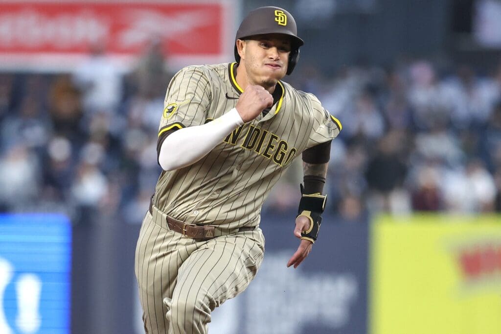 May 6, 2025; Bronx, New York, USA; San Diego Padres third baseman Manny Machado (13) runs to third base in the first inning against the New York Yankees at Yankee Stadium.