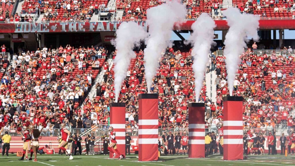 Aug 19, 2023; Santa Clara, California, USA; General view of the San Francisco 49ers getting introduced to fans before the start of the first quarter against the Denver Broncos at Levi's Stadium.