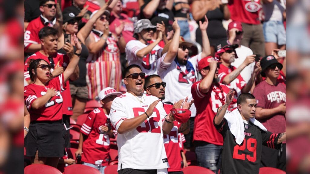 Oct 6, 2024; Santa Clara, California, USA; San Francisco 49ers fans cheer before the game against the Arizona Cardinals at Levi's Stadium.