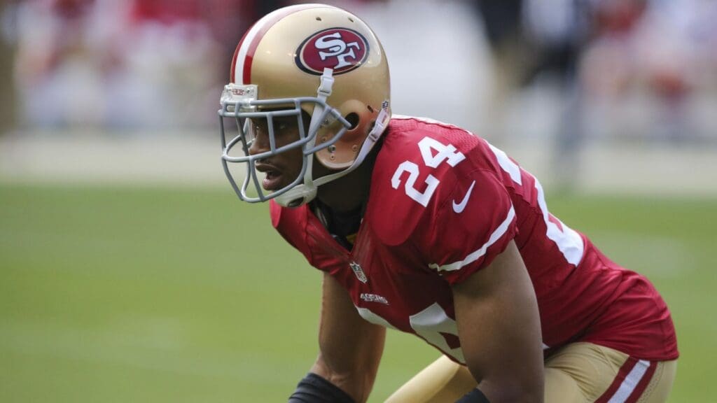 Aug 25, 2013; San Francisco, CA, USA; San Francisco 49ers cornerback Nnamdi Asomugha (24) warms up before the game against the Minnesota Vikings at Candlestick Park.