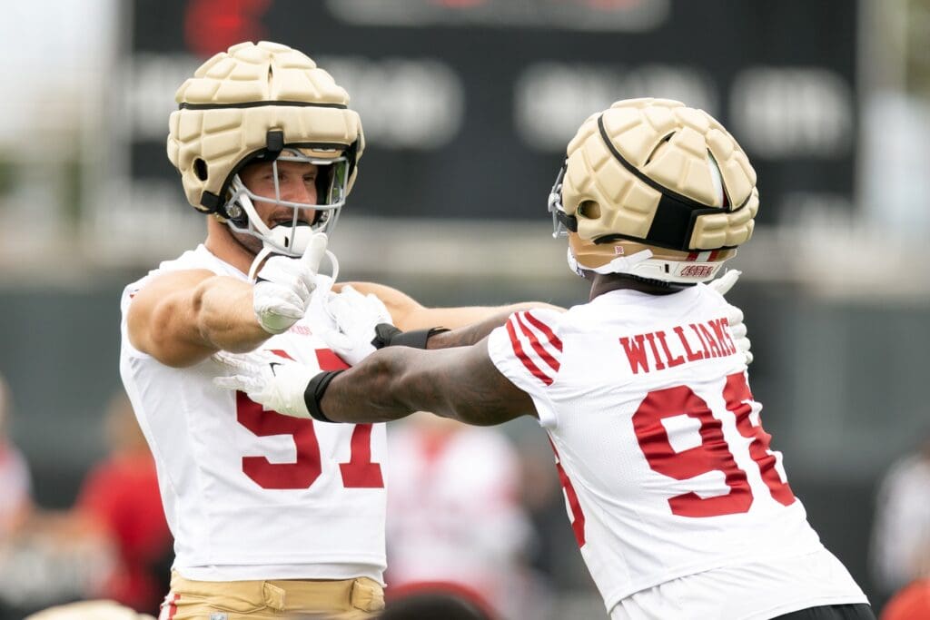 Jul 24, 2025; Santa Clara, CA, USA; San Francisco 49ers defensive ends Nick Bosa (97) and Mykel Williams (98) work on their pass rushing skills during the second day of training camp.