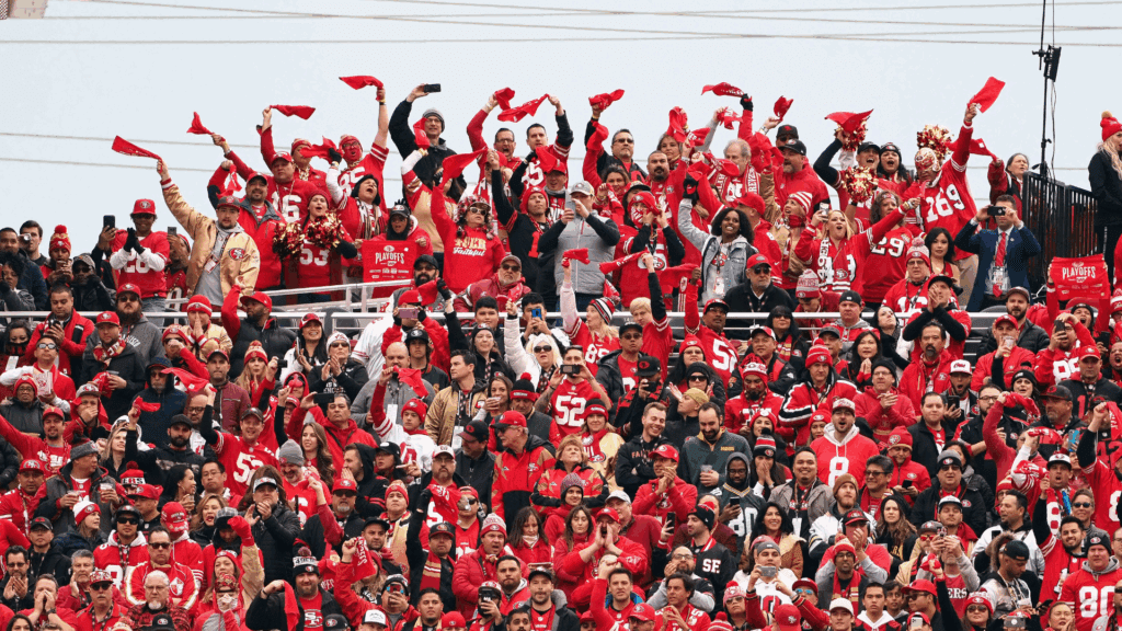 Jan 19, 2020; Santa Clara, California, USA; San Francisco 49ers fans cheer against the Green Bay Packers during the first half in the NFC Championship Game at Levi's Stadium.