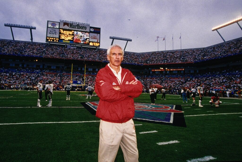 Jan 29, 1995; Miami, FL, USA; FILE PHOTO; San Francisco 49ers head coach George Seifert on the field prior to Super Bowl XXIX against the San Diego Chargers at Joe Robbie Stadium. The 49ers defeated the Chargers 49-26.