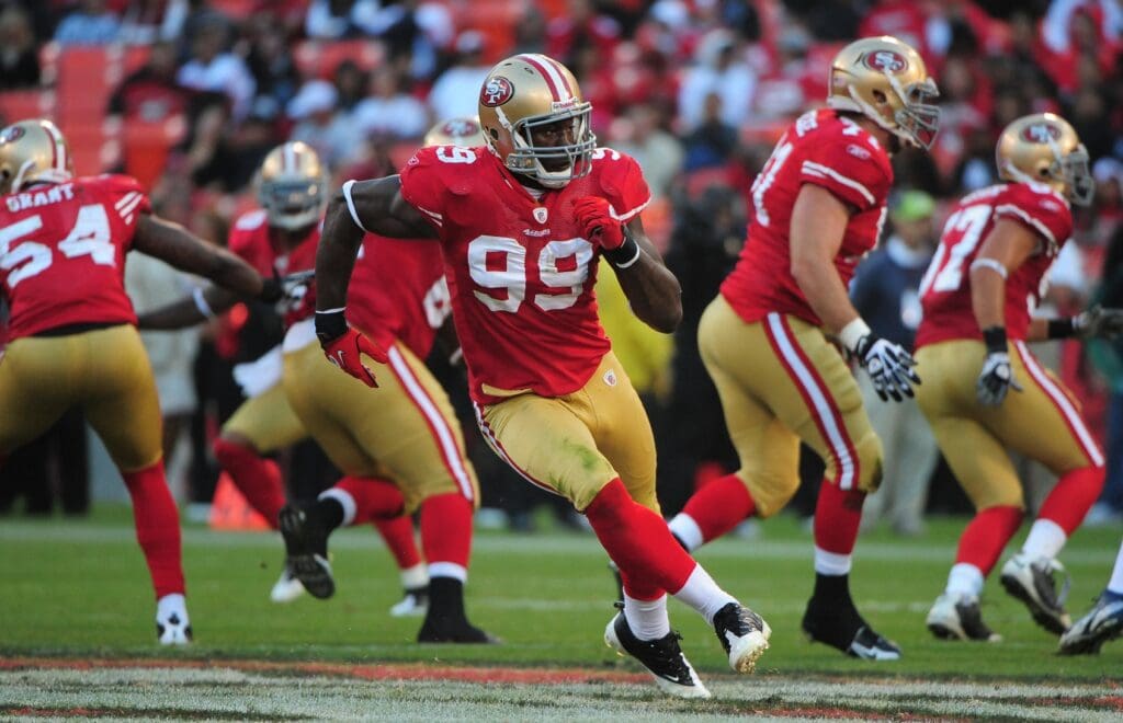 August 27, 2011; San Francisco, CA, USA; San Francisco 49ers linebacker Aldon Smith (99) defends during the third quarter against the Houston Texans at Candlestick Park. The Texans defeated the 49ers 30-7. 