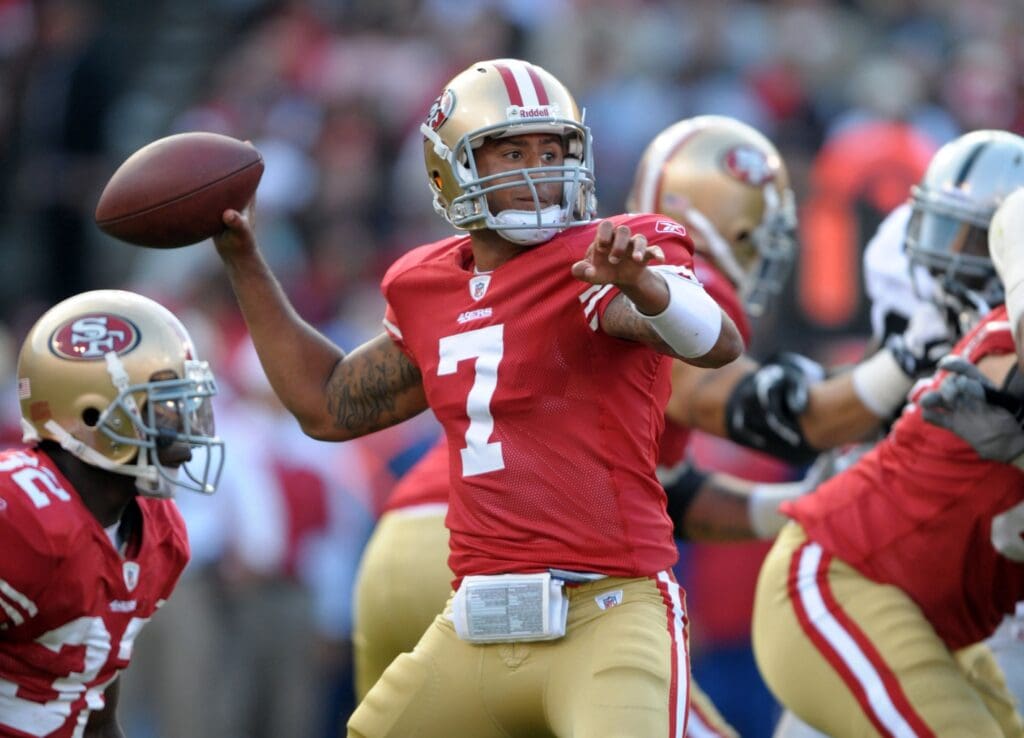 Aug 20, 2011; San Francisco, CA, USA; San Francisco 49ers quarterback Colin Kaepernick (7) throws a pass against the Oakland Raiders at Candlestick Park.