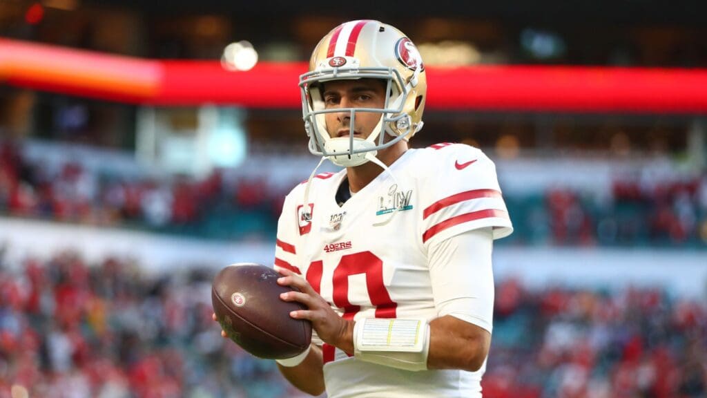 Feb 2, 2020; Miami Gardens, Florida, USA; San Francisco 49ers quarterback Jimmy Garoppolo (10) during Super Bowl LIV against the Kansas City Chiefs at Hard Rock Stadium.