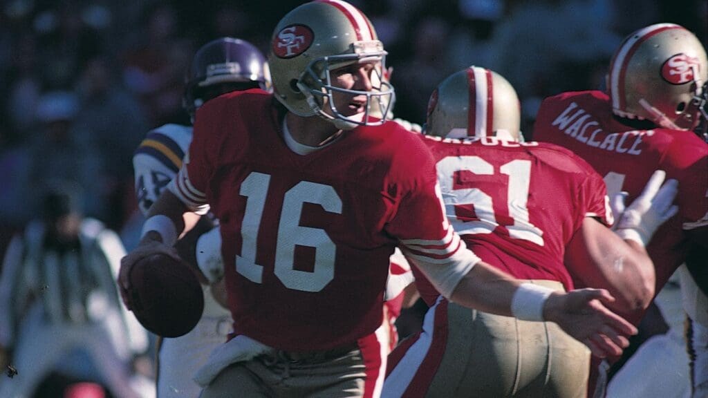 Jan. 1, 1989; San Francisco, CA, USA; FILE PHOTO; San Francisco 49ers quarterback Joe Montana (16) scrambles against the Minnesota Vikings during the 1988 NFC Divisional Playoff game at Candlestick Park. The 49ers defeated the Vikings 34-9.