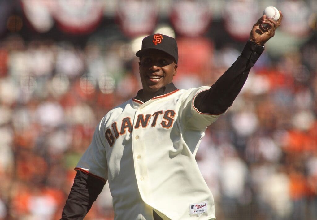 October 19, 2010; San Francisco, CA, USA; San Francisco Giants former player Barry Bonds throws out the ceremonial first pitch before game three of the 2010 NLCS against the Philadelphia Phillies at AT&T Park.
